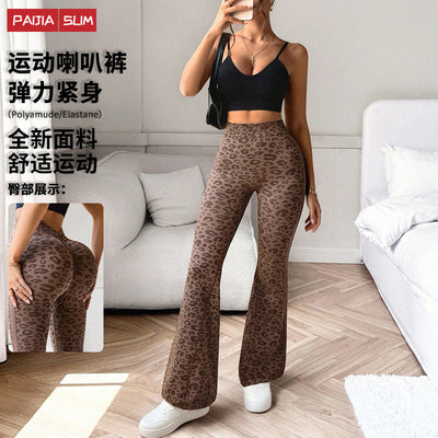 Amazon fashionnew arrival leopard print micro-flared yoga pants for women outwearslimming look peach butt fitness sports bell bottoms