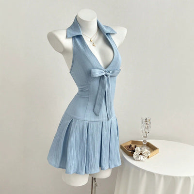 B1 - in stock - 95281# cross-border fashion bow halter v-neck summer slim-fit women's short dress