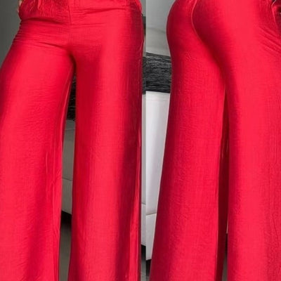 european and american export women's fashion: trendy solid color wide-leg high-waisted loose fit slimming metallic detail flare pants