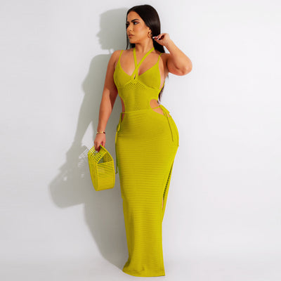 Amazon sexy women's fashion halter neck cutout knit dress - backless beach maxi dress