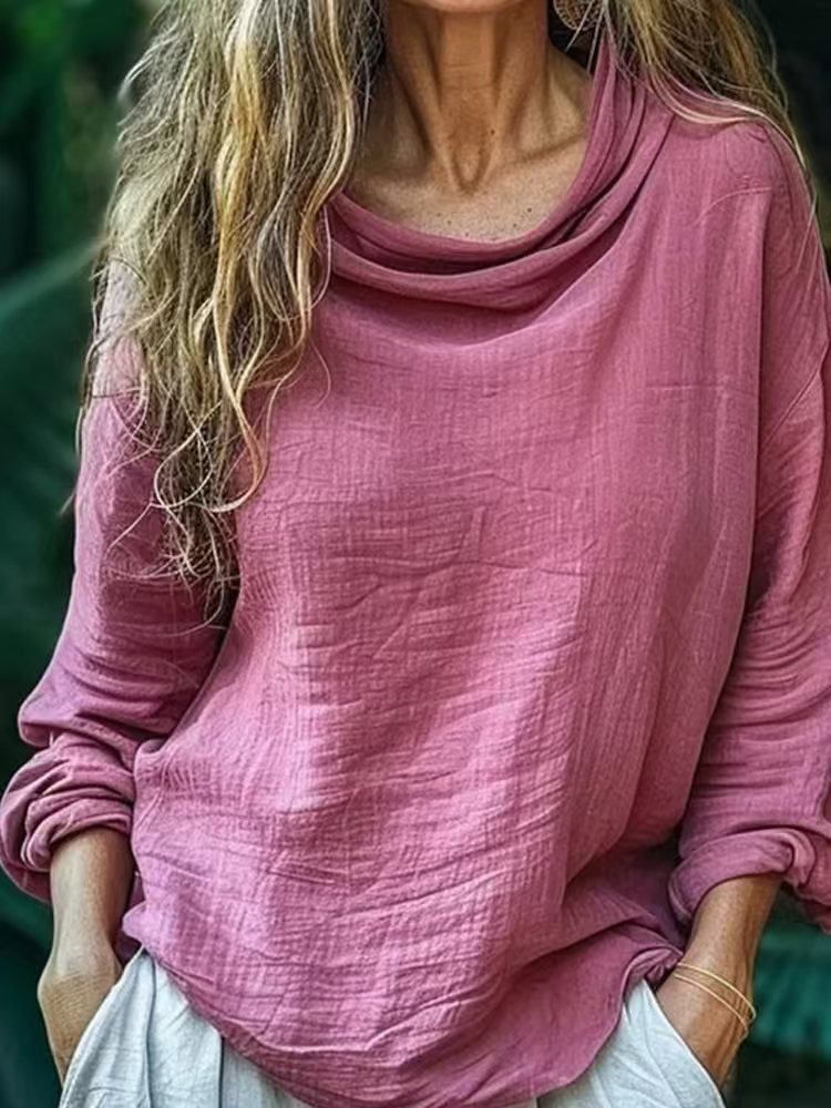 European and American spring new women's clothing casual loose fashion long-sleeved solid color stacked collar pullover pleated top