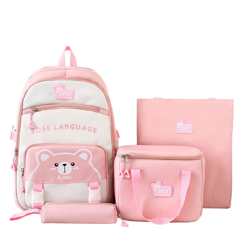 New student schoolbag cute cartoon backpack simple and lightweight large capacity backpack four-piece set for primary and secondary schools