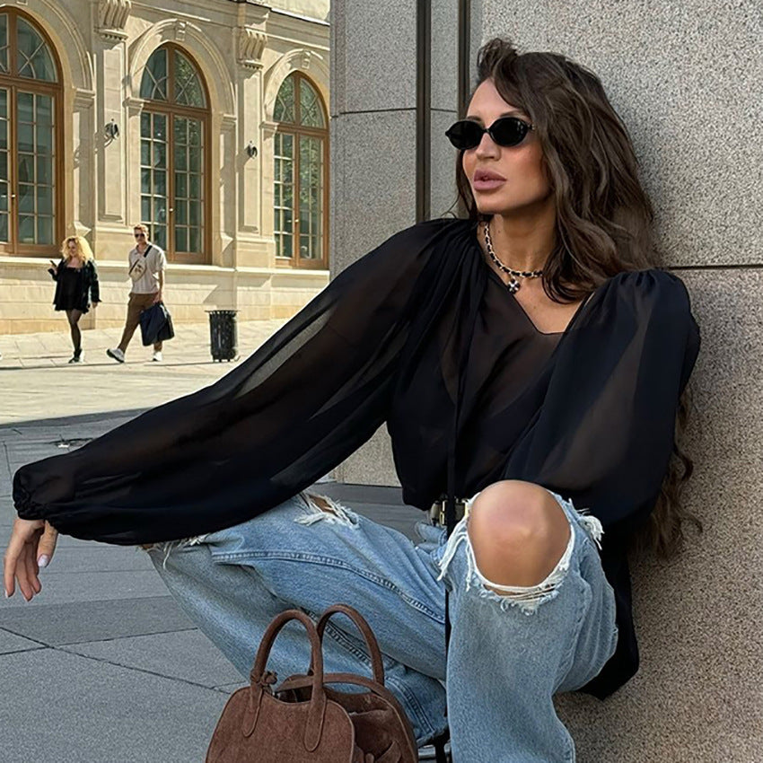 European and American black chiffon top women's clothing 2025 spring  commuting design sense pullover V-neck lantern sleeve shirt