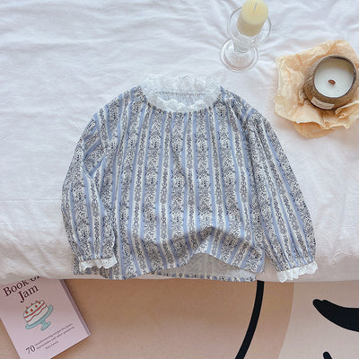 Girls' floral print blouse - autumn collection - stylish kids' shirt with lace collar, cottagecore long sleeve top, trendy