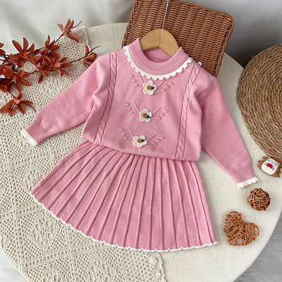 Autumn winternew arrivalsweatersuitfemalechildren'spullovertopsknitting shirt round neck children's clothing k-stylesweatertwo-piece set