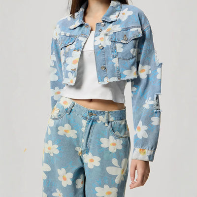 72# in stock - 20787 cross-border european & american women's floral print fashionable versatile cropped denim jacket