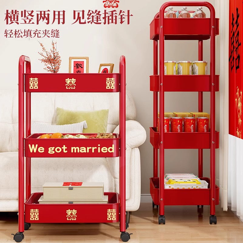 Red trolley rack Wedding household Wedding engagement arrangement Happy New Year's Day Spring Festival Floor storage shelf
