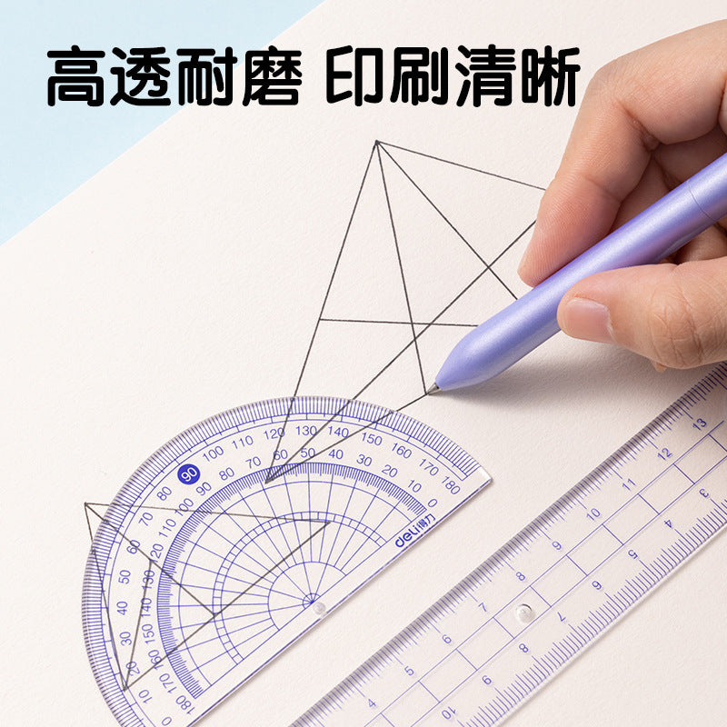 Deli 9597 Ruler Set Student Ruler Straight Ruler Triangle Ruler Protractor 15cm Transparent Blue Drawing Ruler