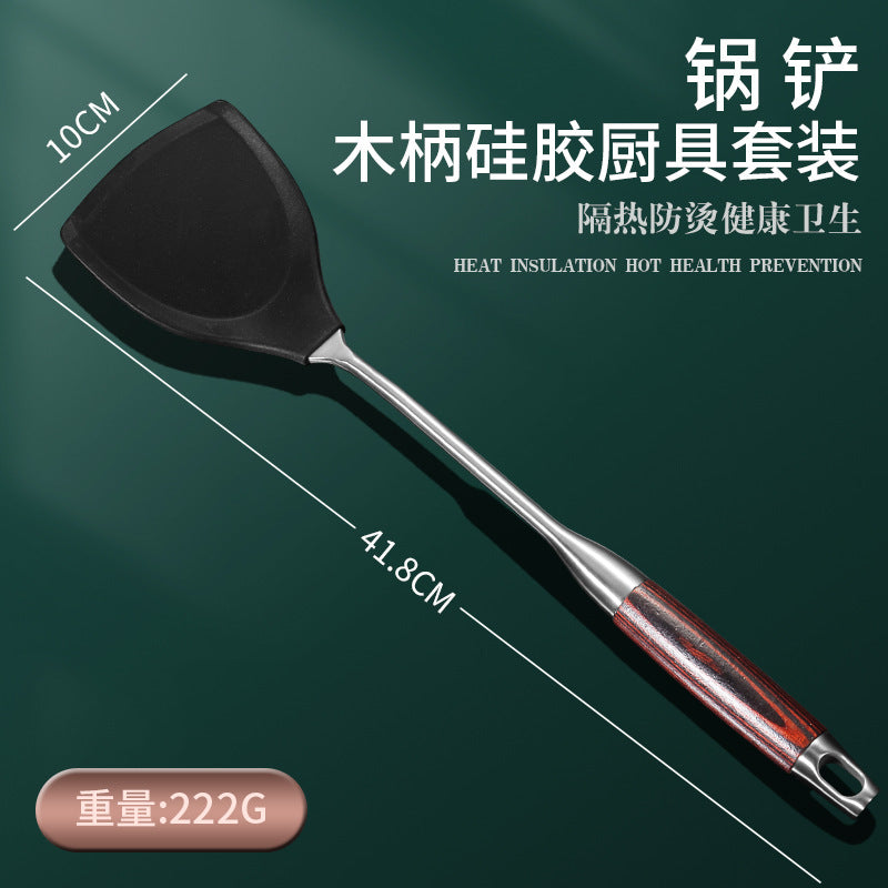 Daoqi 304 stainless steel silicone spatula household kitchen tools high temperature non-stick pan wooden handle cooking spoon spatula