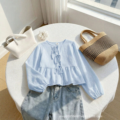 Summer fashion new trendy design shirt - blue textured crew neck tie-neck long sleeve blouse for women