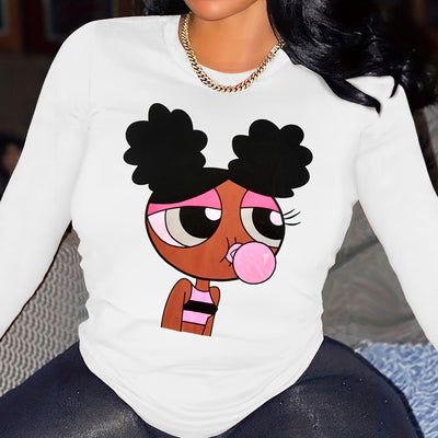 S390815 autumn cartoon print long sleeve t-shirt for women