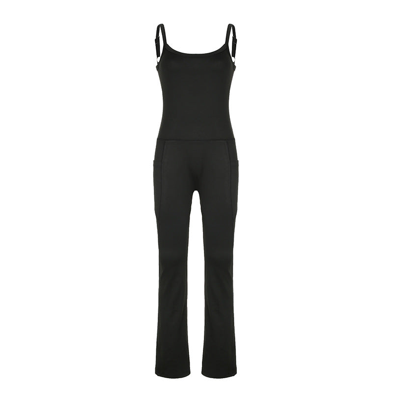 Sports European and American style solid color pocket splicing simple fashion yoga casual suspender jumpsuit wholesale