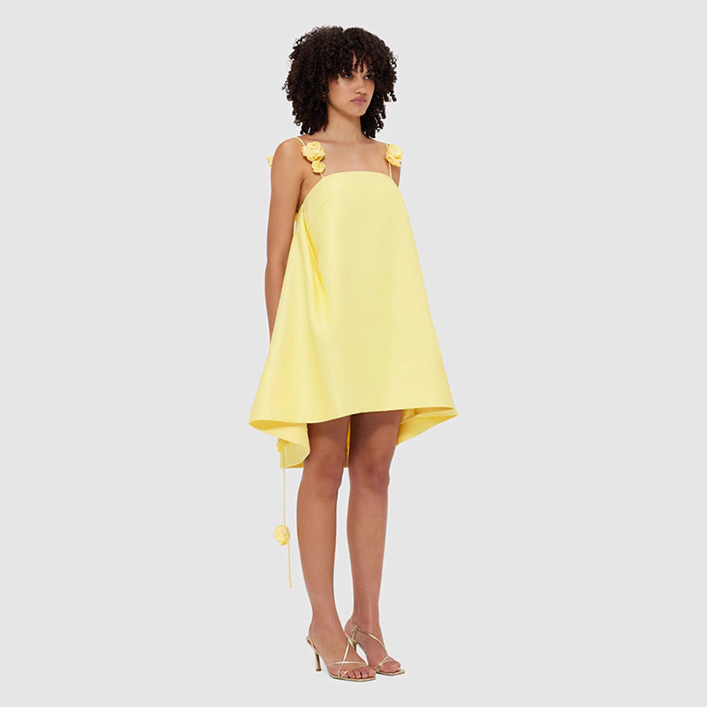 Spring and summer 2025 European and American  new sexy yellow backless three-dimensional flower suspender skirt short skirt