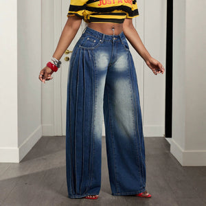 European and american high-waisted pleated wide-leg jeans for women - vintage washed, distressed design, loose fit, straight leg, drapey, and floor-length