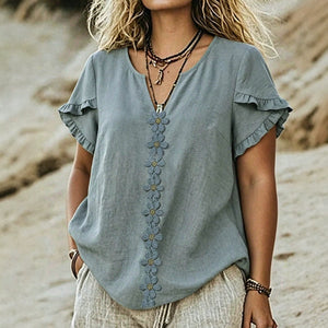 fashionplus sizeretroembroider t-shirt stereo small flower placket gap v neckruffle short sleeves to cover the flesh