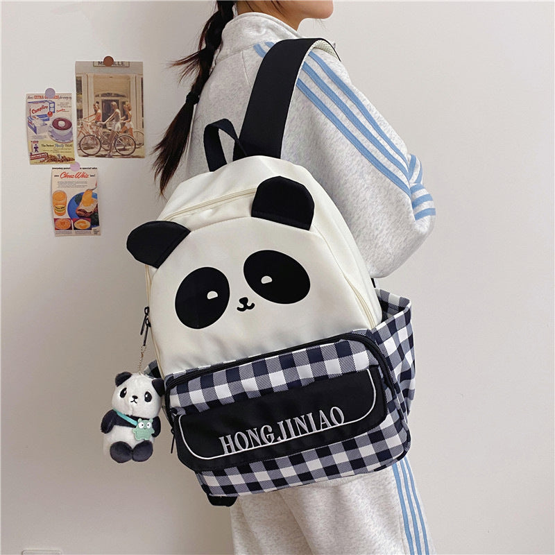 New plaid versatile casual girl backpack cute cartoon panda schoolbag female primary school junior high school student backpack