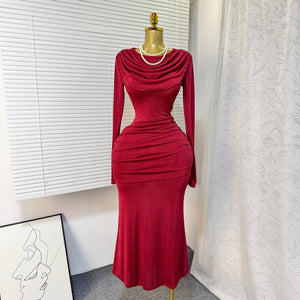 fashion evening dress 2026 spring new arrivalfashionelegant slim fit high round neck pleated hip cover long sleevesdress