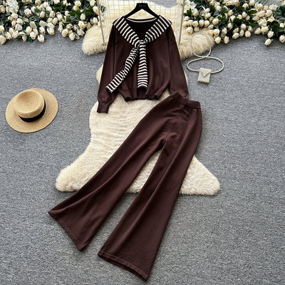 Women's casual knit set: autumn oversized loungewear - striped knit top & wide-leg pants