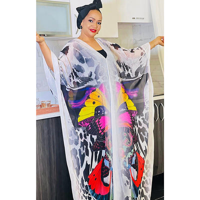 African women's plus size printed holiday beach dress loose sun protection robe chiffon dress two-piece set