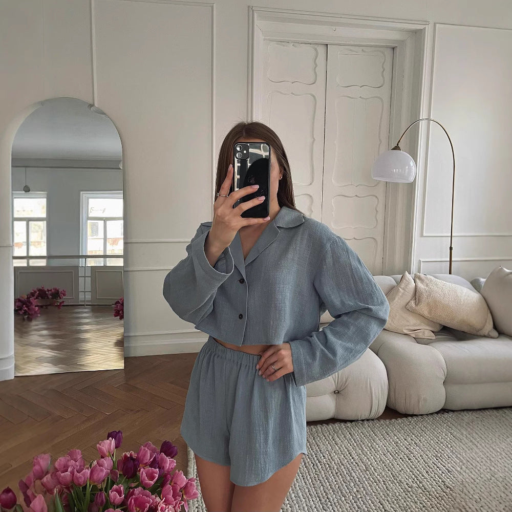 European and American casual women's clothing fashion v-neck long-sleeved cardigan shorts set sexy shorts set women