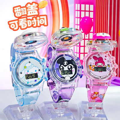 Kids' gift girls' electronic watch - stellalou, kuromi, hello kitty glitter luminous music flip cover rotating watch