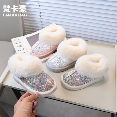 Vancahao girls' fur-lined snow boots - winter new collection - kids' thickened, plush-lined cotton shoes with sequin ankle boots