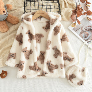 new coral fleece baby jacket - cartoon design for boys and girls, toddler and child sizes - warm, fluffy hooded sweater coat with complimentary crossbody bag