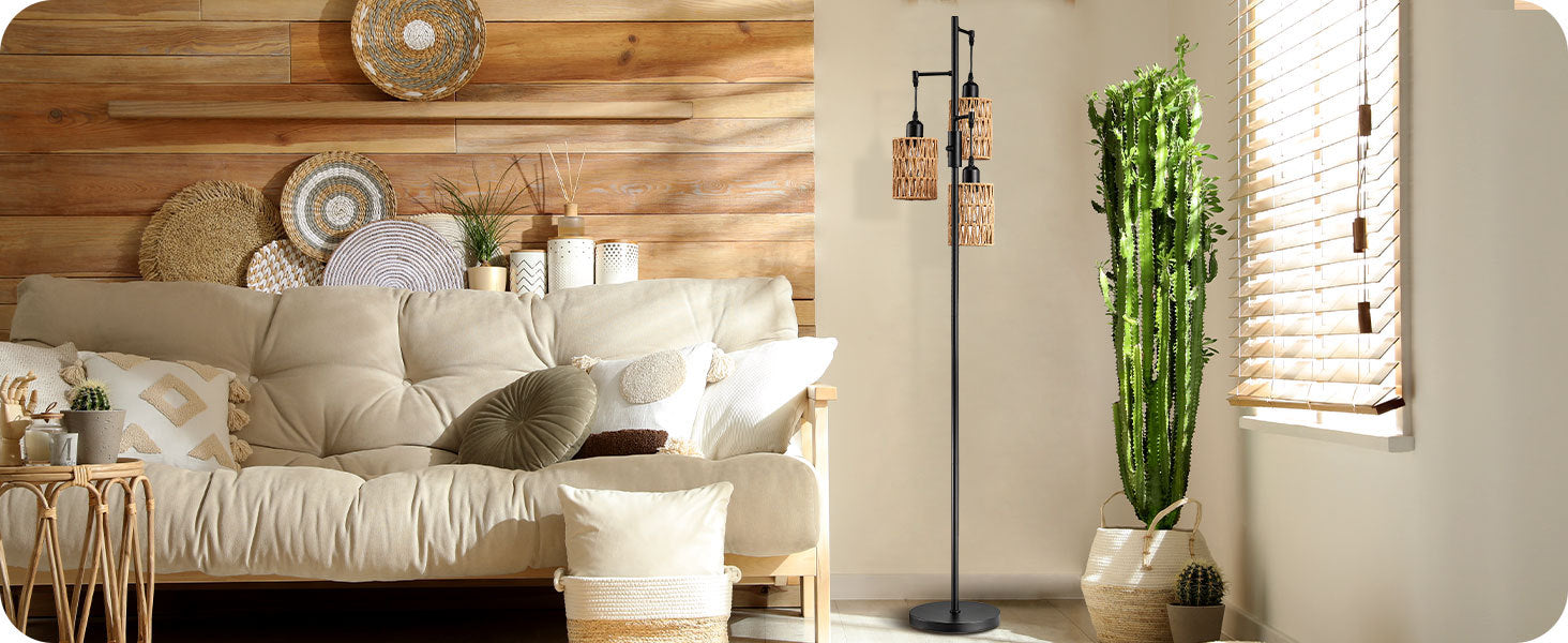 Rattan lampshade floor lamp retro American simple industrial style living room study bedroom standing lamp customization  hot sale