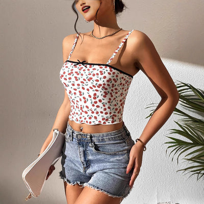 In-stock - 73271# european and american cross-border foreign trade women's slim-fit lace-trimmed printed camisole tank top