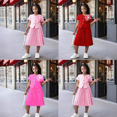 girls' solid color suit set: short-sleeve jacket + pleated maxi dress - perfect for girls' formal occasions