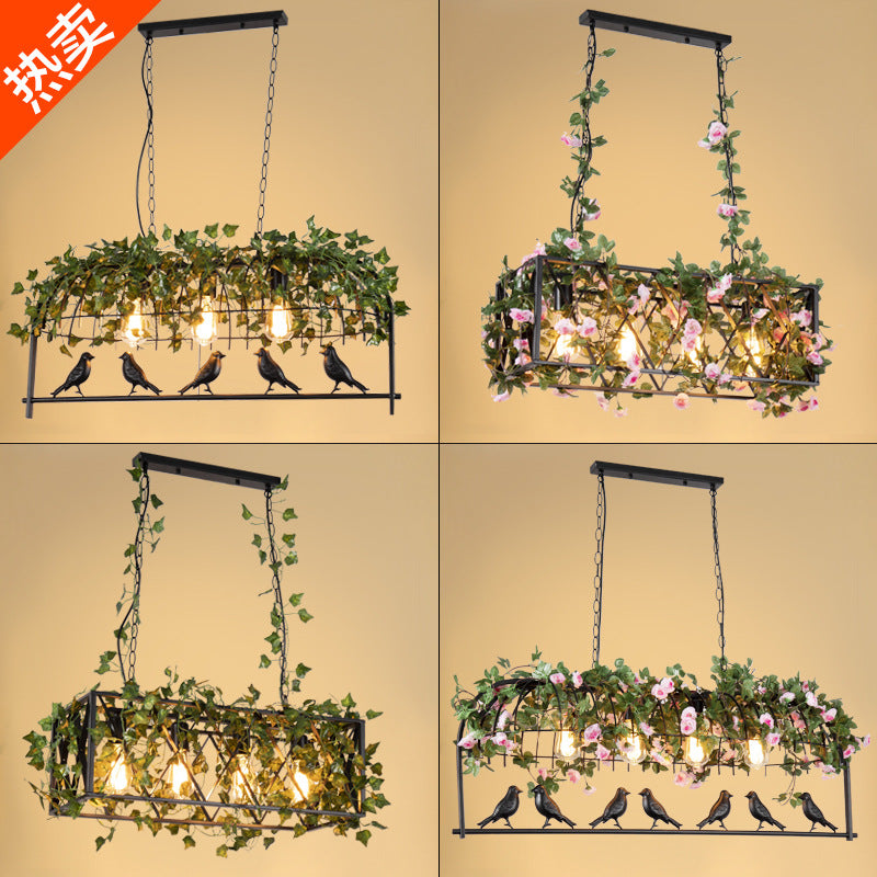 American industrial wind wrought iron bar counter plant bird cage chandelier creative personality art retro restaurant lamp green plant light