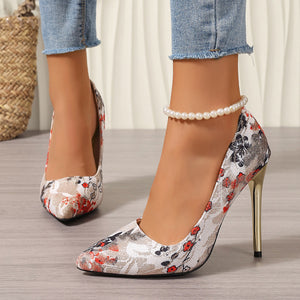 New arrivalfashion ethnic style printingplus size high heels women's stiletto pointed toe fashion catwalk shoes with cheongsam flats