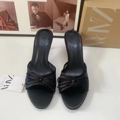 Za summer new 2024 french pointed-toe high heels, single strap bow detail, open toe slingback mules