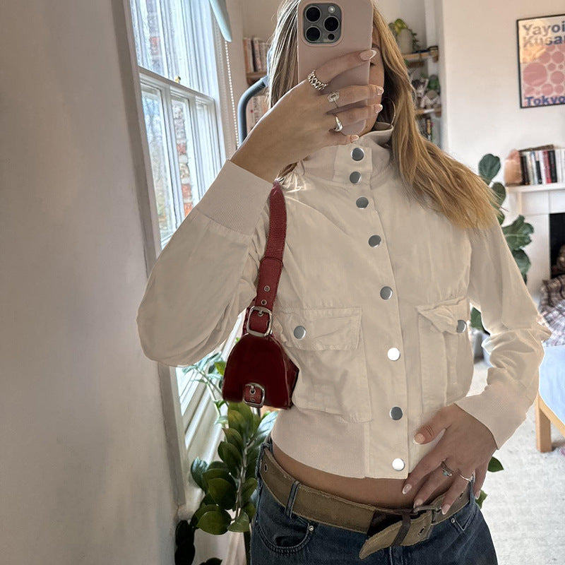 European and American  women's clothing retro jacket zipper turtleneck cardigan threaded waist long-sleeved jacket Spice girl woven top