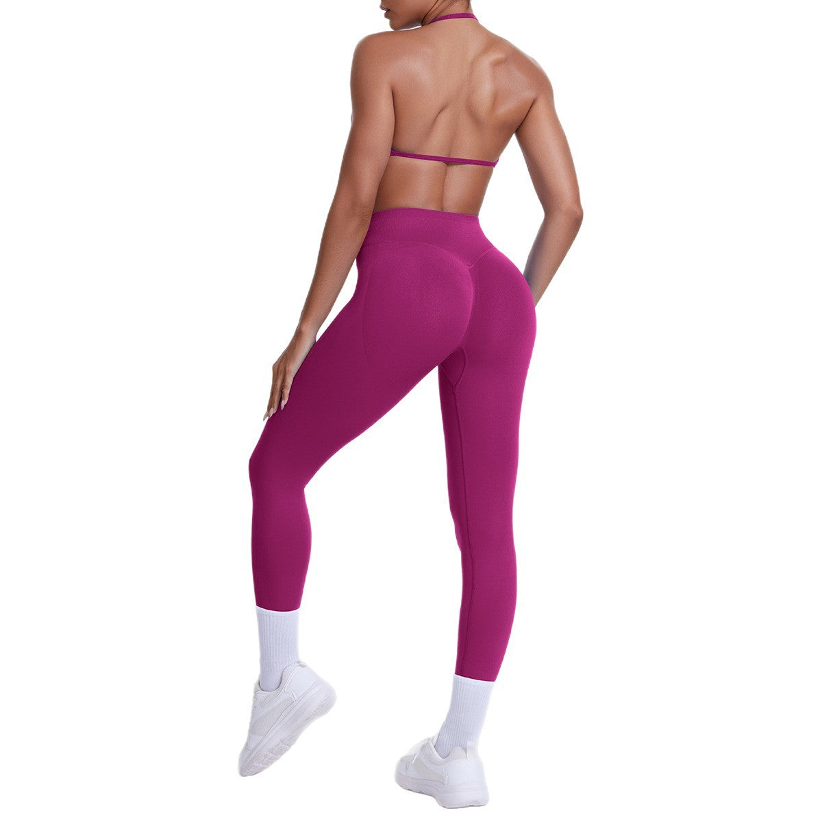 Spot solid color yoga clothes high waist peach hip sports trousers suspenders beautiful back neck bra fitness yoga set