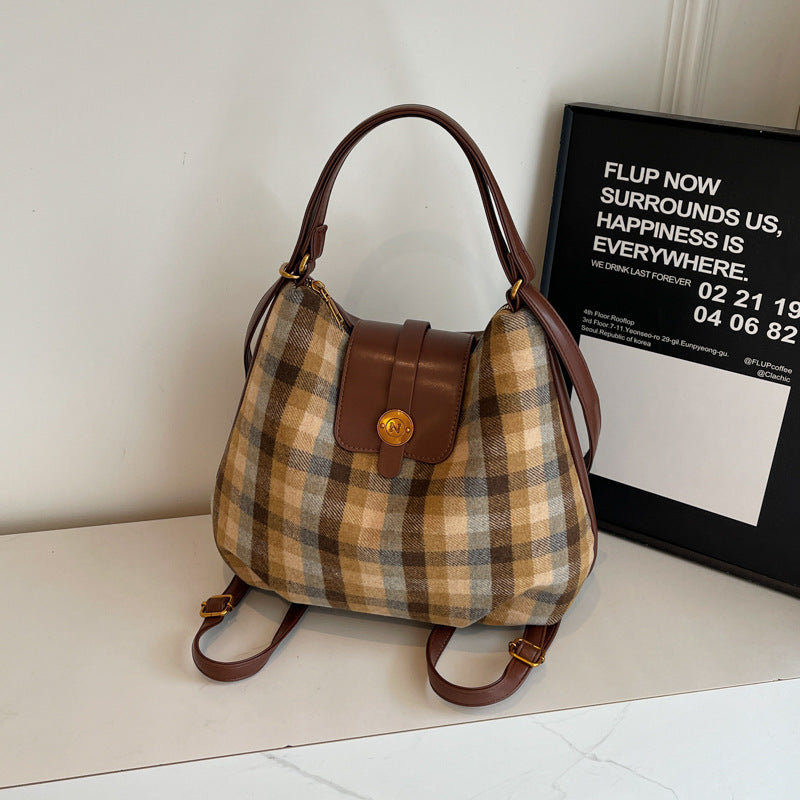 Casual woolen plaid bag women's 2025 new retro niche shoulder bag travel backpack commuter tote bag