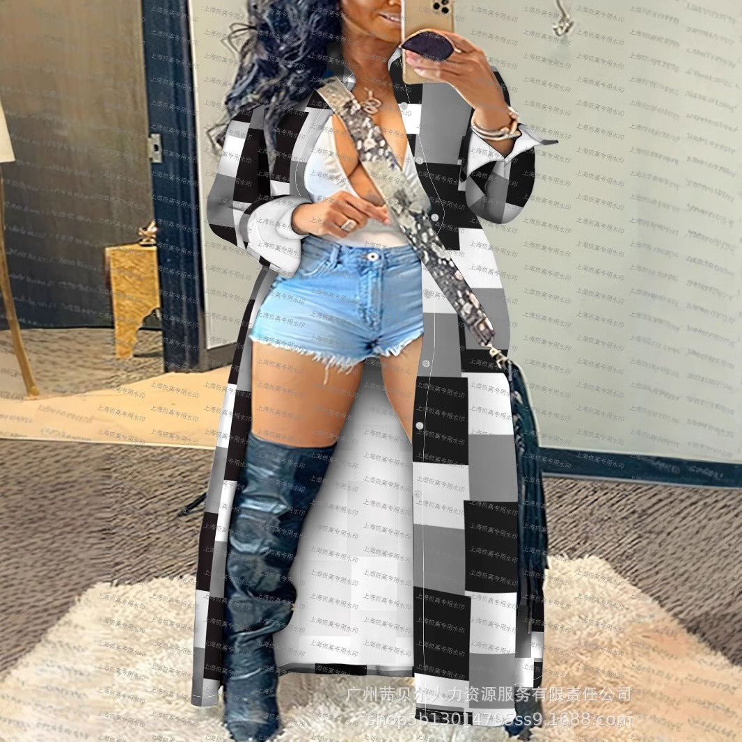 European and American  women's clothing large-size plaid printing long-sleeved cardigan jacket-LPU8082AA5