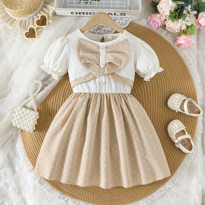 new girls' white textured patchwork apricot plaid bubble sleeve dress