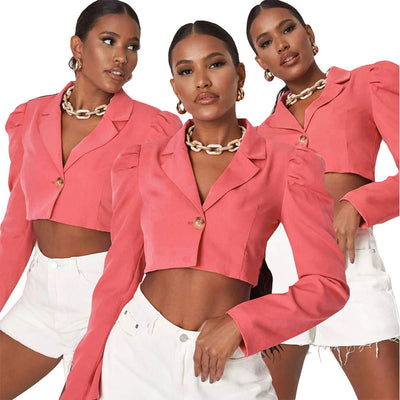 S390194 autumn sexy fashion european and american style women's bubble sleeve one-button cropped blazer jacket