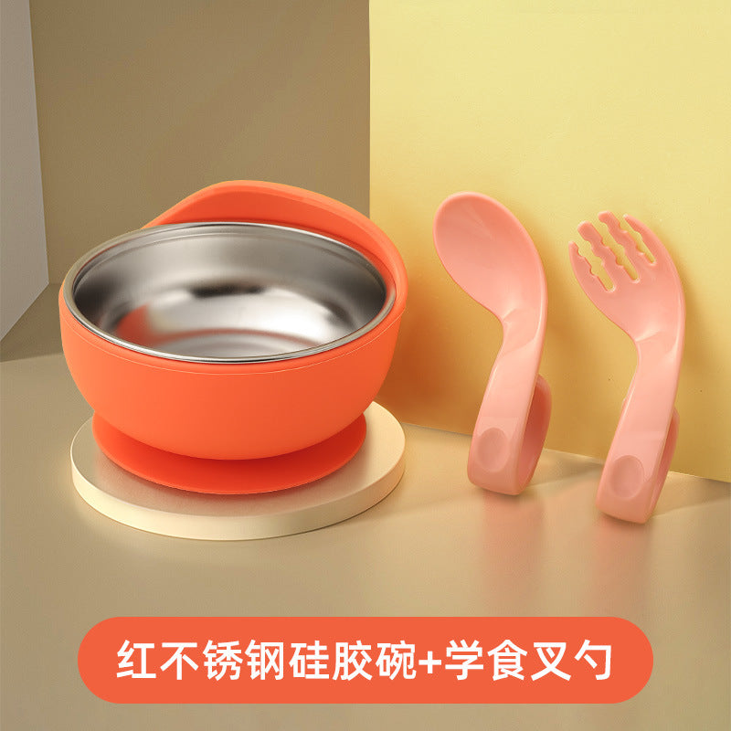 Stainless steel suction cup bowl baby special complementary food baby bowl independent eating silicone anti-drop and anti-scalding children learn to eat
