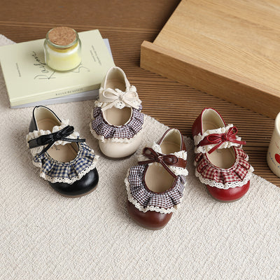 Vancahao girls' bow-tie princess shoes, new spring/autumn collection, kids' fashionable low-cut leather shoes with lace trim
