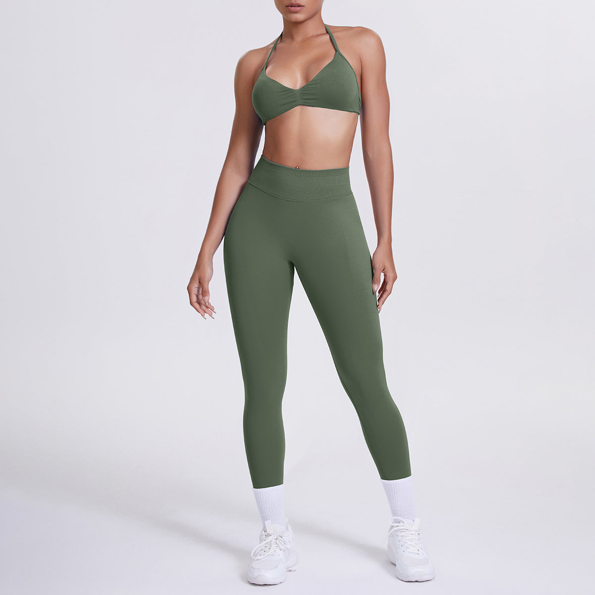 Spot solid color yoga clothes high waist peach hip sports trousers suspenders beautiful back neck bra fitness yoga set