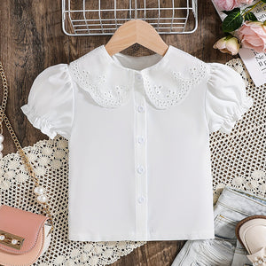 Summer girls' blouse - cross-border supply - pure white peter pan collar puff sleeve cute t-shirt top for young children