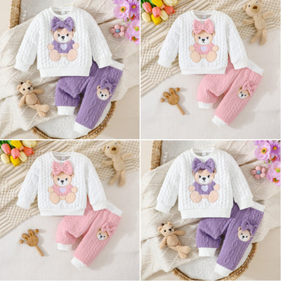exclusive: kids' spring/autumn two-piece set - bear quilted long-sleeve sweatshirt + jogger pants