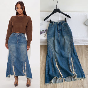 High-waisted denim midi skirt for women, new summer collection. features raw hem, distressed details, a fishtail silhouette, and a slimming, figure-hugging design