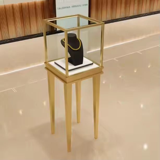 Source Factory Wood Metal LED Lights High Block Jewelry Display Cabinet Jewelry Store Commercial Display Stand Storage