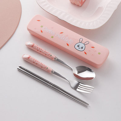 Cute stainless steel cutlery set with stylish ceramic handles - portable student dinnerware, kids' chopsticks and spoon set
