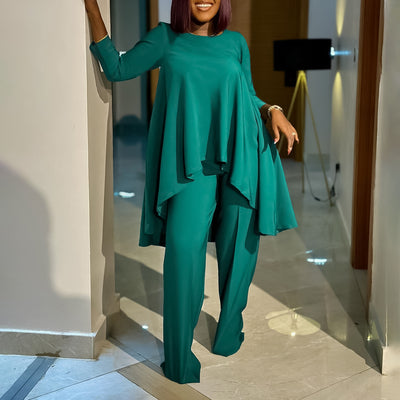 D3260 foreign trade women's fashion european and american style elegant plus size long sleeve top and wide leg pants cross-border set