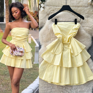 French sweet style bandeau ruffle cake dress - slimming, petite-friendly, cinched waist, elegant sleeveless a-line dress