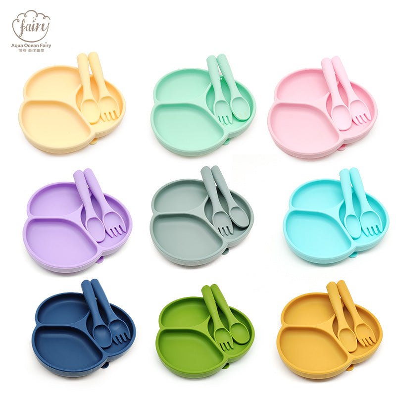 Cross-border food-grade silicone tableware set, simple plate, fork and spoon, safe and non-slip baby complementary food tableware three-piece set